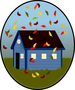 a beautiful autumn day with leaves falling on a house
