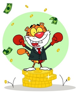 acclaim clipart: a cheering tiger with boxing gloves standing on coins