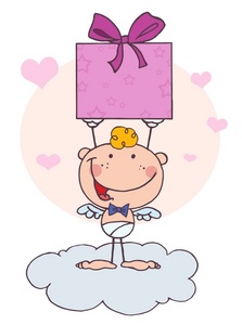 acclaim clipart: a happy and smiling cupid with a valentine present box
