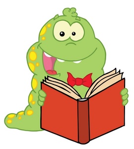 acclaim clipart: a happy book worm with an open book