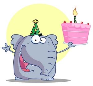 acclaim clipart: a happy elephant holding a birthday cake
