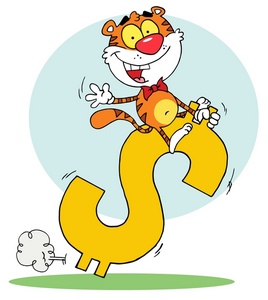 acclaim clipart: a happy tiger riding a large dollar sign