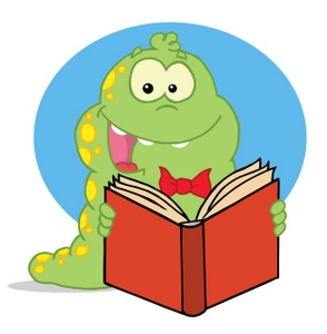 acclaim clipart: a happy worm reading an open book
