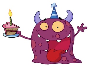 acclaim clipart: a purple blob monster holding a slice of cake