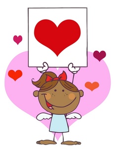 acclaim clipart: a smiling african american angel with a red heart card
