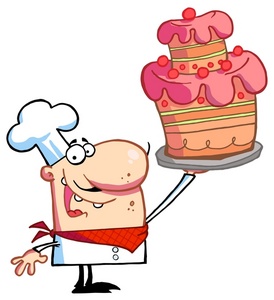 acclaim clipart: a smiling chef with a large birthday cake
