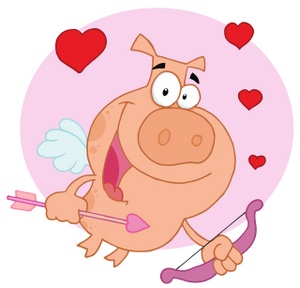 acclaim clipart: a smiling cupid pig with his bow and arrow of love and hearts