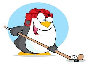 acclaim clipart: a smiling penguin with a hockey stick