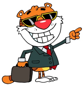 acclaim clipart: a tiger in a suit holding a briefcase