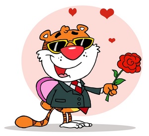 acclaim clipart: a tiger in love with a box of chocolates and a rose