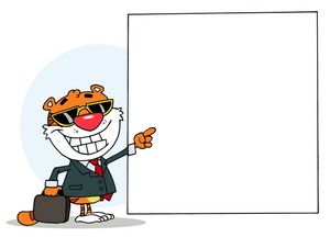 acclaim clipart: a tiger with a briefcase pointing to a blank sign