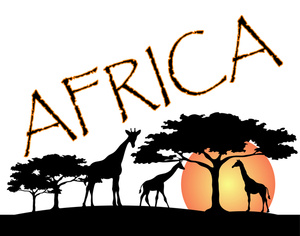 africa travel poster or icon with the word africa giraffes and the setting sun on the horizon