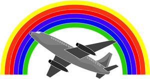 airplane or commercial airliner along with a rainbow signifying a tropical vacation
