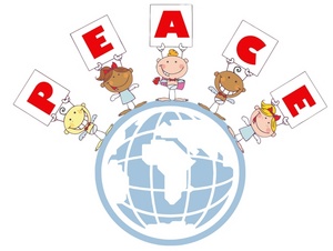 acclaim clipart: angels holding cards saying peace and standing around the globe