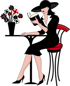 acclaim clipart: beautiful and elegant woman reading a book at an outdoor caf in paris france