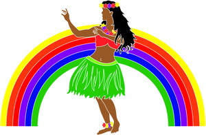 beautiful hawaiian hula dancer with grass skirt dancing in front of a rainbow