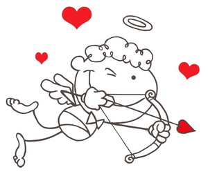 acclaim clipart: black and white cupid aiming his bow and arrow with red hearts