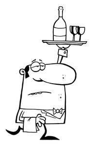 black and white drawing of a fancy waiter serving wine or champagne