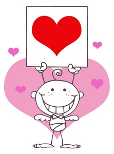acclaim clipart: black and white grinning cupid holding a red heart valentine