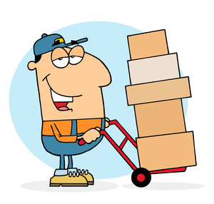 acclaim clipart: blue collar worker delivery man moving boxes with a dolly or hand truck