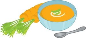 acclaim clipart: carrots next to a bowl of cream of carrot soup
