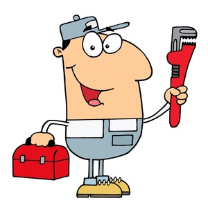 acclaim clipart: cartoon plumber with toolbox and pipe wrench