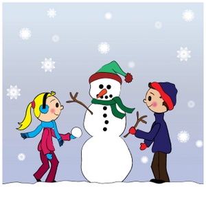 acclaim clipart: children making a snowman as snowflakes fall