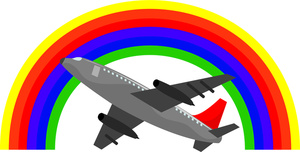 clip art illustration of a jet airplane flying with a rainbow