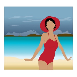clip art illustration of a woman in a red bathing suit and hat standing on a tropical beach