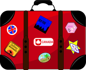 acclaim clipart: clip art illustration of red and black luggage with a variety of travel stickers on it
