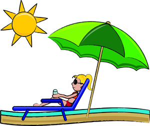 acclaim clipart: clip art image of a young girl on the beach sunbathing under an umbrella on her lounge chair