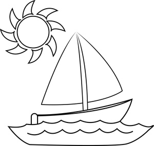 coloring page of a small sailboat on a lake with the sun overhead