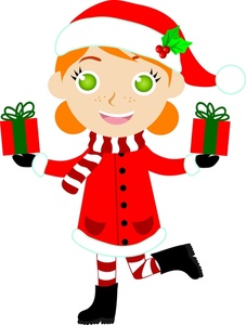 acclaim clipart: cute child dressed for the holidays with several christmas gifts