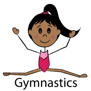 acclaim clipart: dark skinned girl gymnast doing the splits with the text gymnastics