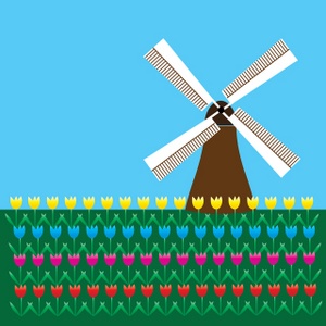 acclaim clipart: dutch windmill with a field of colorful tulips in the foreground