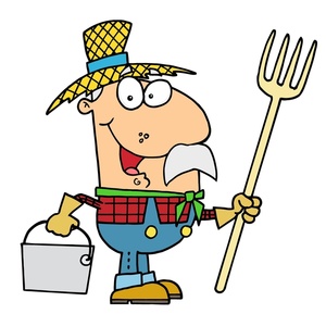 farmer with pitchfork and bucket
