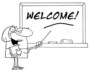 acclaim clipart: female teacher or professor at chalkboard with pointer  black and white drawing