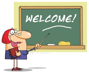 acclaim clipart: female teacher or professor at chalkboard with pointer  welcome back to school