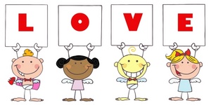 acclaim clipart: four angels holding cards that spell love