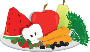 fruits and vegetables on a snack plate  watermelon apple carrots olives strawberries and a pear