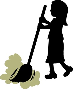 girl or woman sweeping the floor with a broom