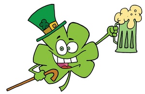 acclaim clipart: green shamrock celebrating st patricks day with a pint of ale