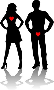 acclaim clipart: guy and girl standing sidebyside both with hands on hips man with heart in pants woman with heart in chest