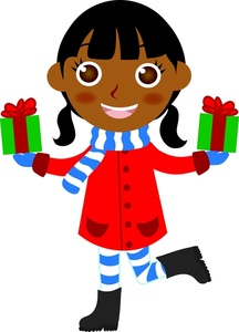 happy african american black girl dressed for the holidays holding christmas gifts