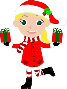 acclaim clipart: happy little child on christmas morning with her christmas gifts