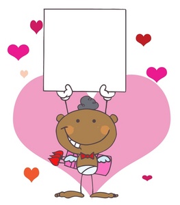 acclaim clipart: hearts behind african american cupid holding a blank valentine