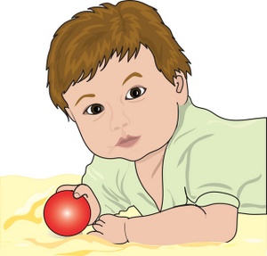 infant baby crawling and holding a red ball