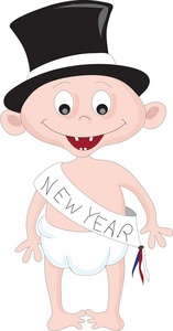 acclaim clipart: new years baby wearing top hat and happy new banner