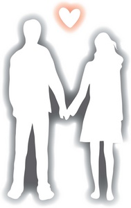 outline silhouette of a boy and girl holding hands as they walk and talk with a heart of love