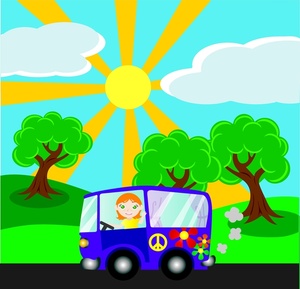 acclaim clipart: person driving a hippie bus with peace signs and flowers